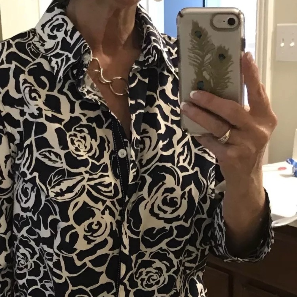 COLDWATER CREEK PM Button Down Blouse Navy/White